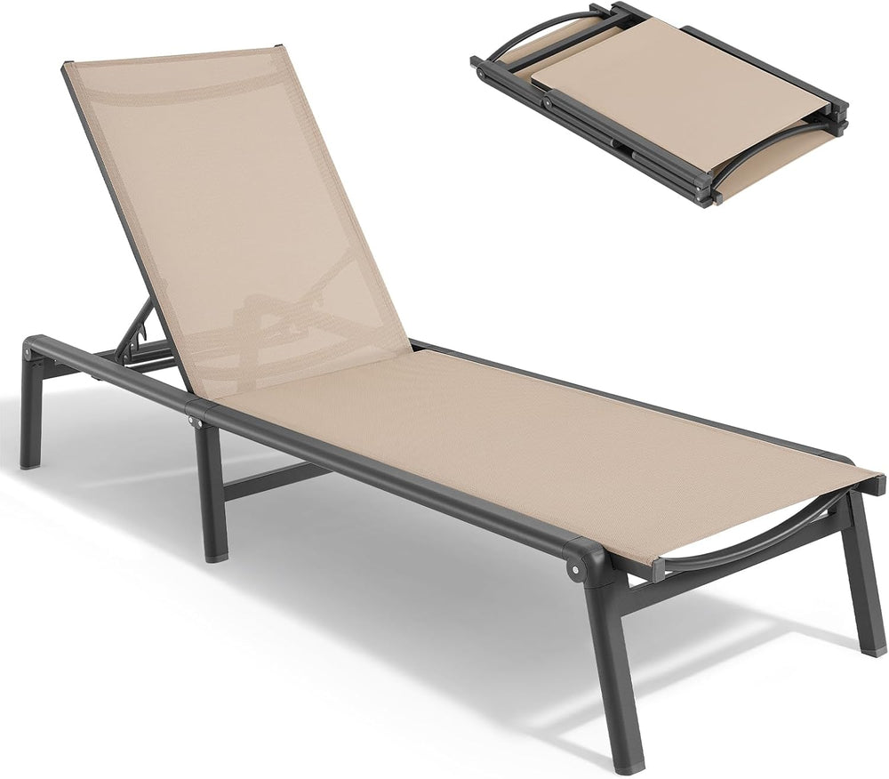Aluminum Chaise Lounge Chair Outdoor for Outside Poolside, 1PC, Khaki