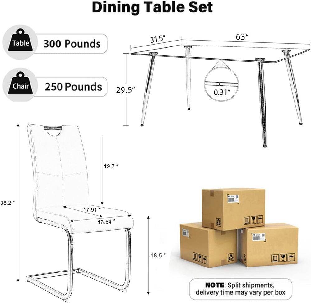63" Modern 5-Piece Dining Table Set for 4 Rectangular Glass Table with 4...