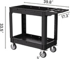 2 Tier Plastic Rolling Utility Cart on Wheels, Heavy Duty Tool Cart with Deep Shelves and 360° Swivel Wheels Holds up to 550 lbs, Service Cart for Warehouse,Garage, Cleaning (Black-M)