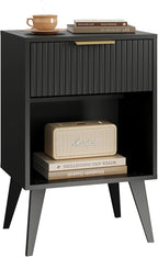 Fluted Night Stand with Opening Storage,Mid Century Bedside Table with Drawer,Modern Nightstand with Solid Wood Legs,End Table Side Table for Living Room,Bedroom,Black CTG56BK