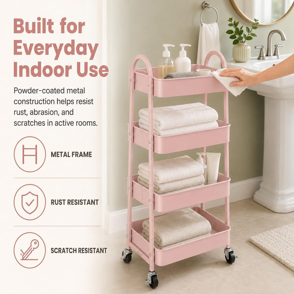 Simple Deluxe 4-Tier Rolling Utility Cart, Metal, 12.32 x 17.91 x 40.35, Pink...