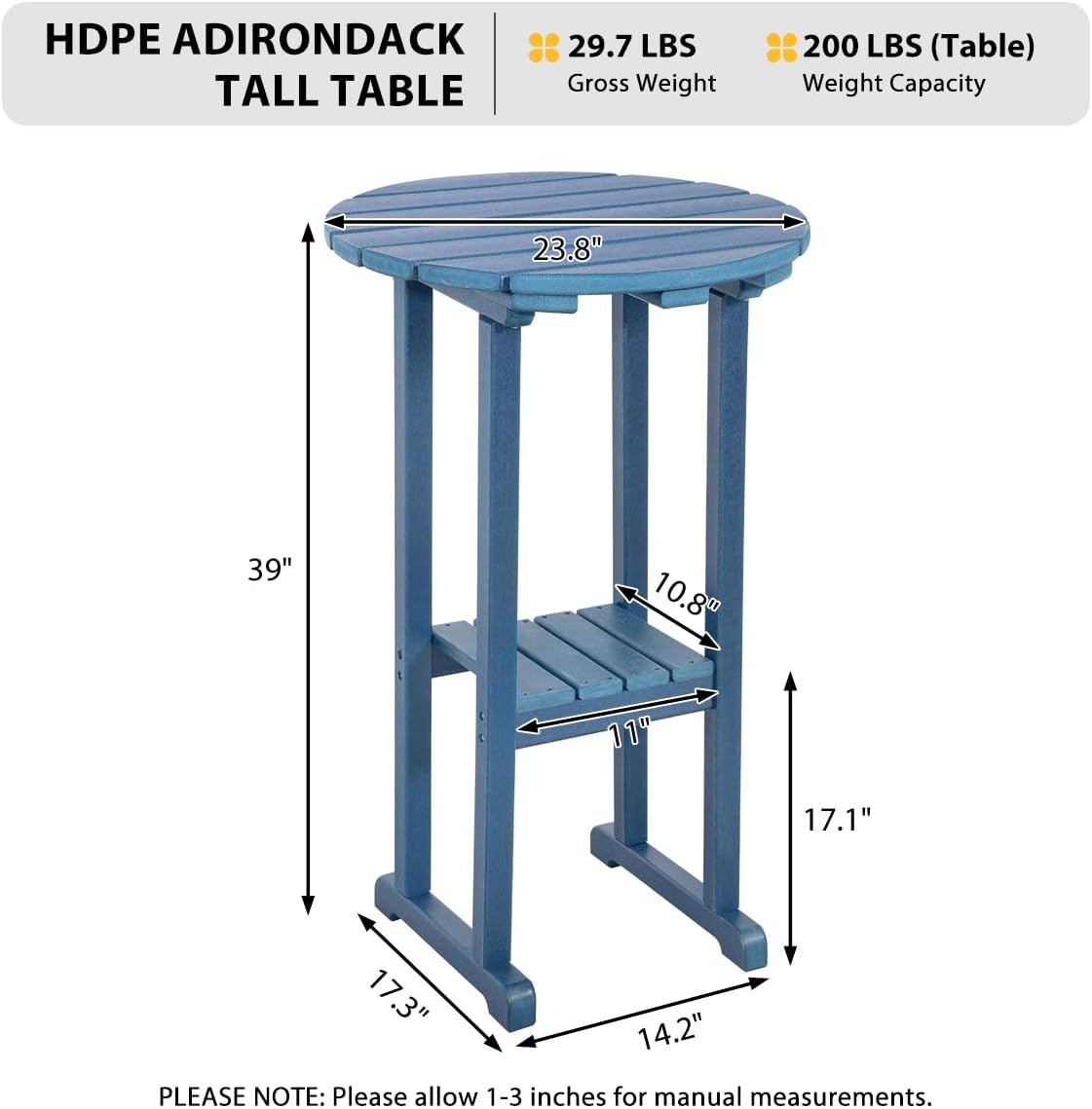 Sundale Outdoor 39 Inches Height Adirondack Bar Table, Patio HDPE Pub Height Round, All Weather High Top Bistro Desk for Outside Table Porch Balcony Poolside, Navy Blue