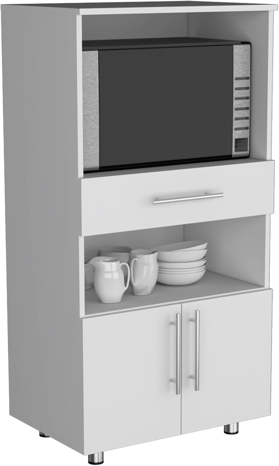 Classic White Kitchen Pantry with Open Shelves, Microwave Shelf, & Storag...