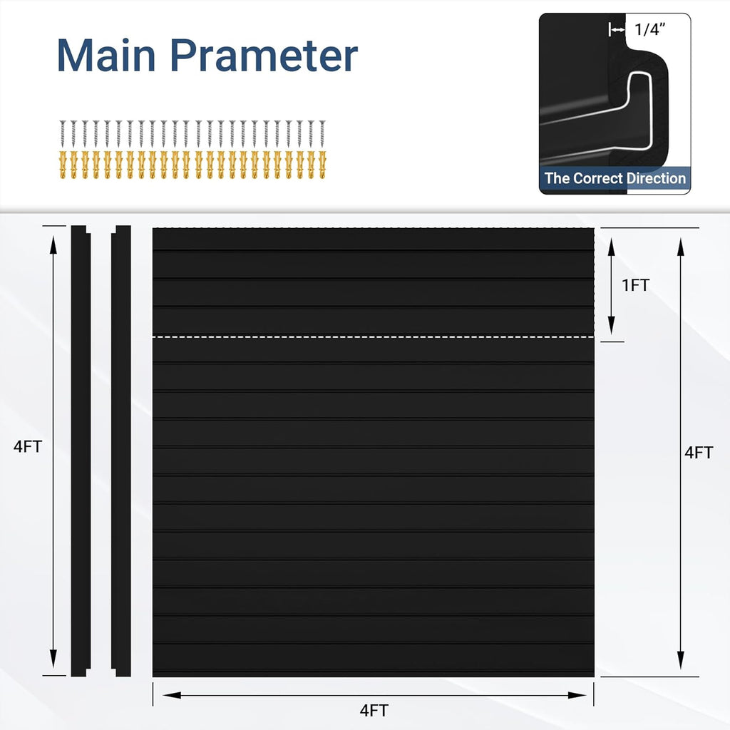 Slatwall Panel 4 FT x 4 FT, Interlocking Slat Wall Paneling, Wall Mounted PVC Wallpanel, Suitable for Garage Storage and Organizer, Slatwall Board, Shelves - Black