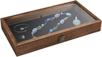 MOOCA Wooden Jewelry Display Case with Tempered Glass Lid and Removable Black Luxurious MDF Velvet Jewelry Display Pad, Pocket Knife Eyewear Case, Brown Color
