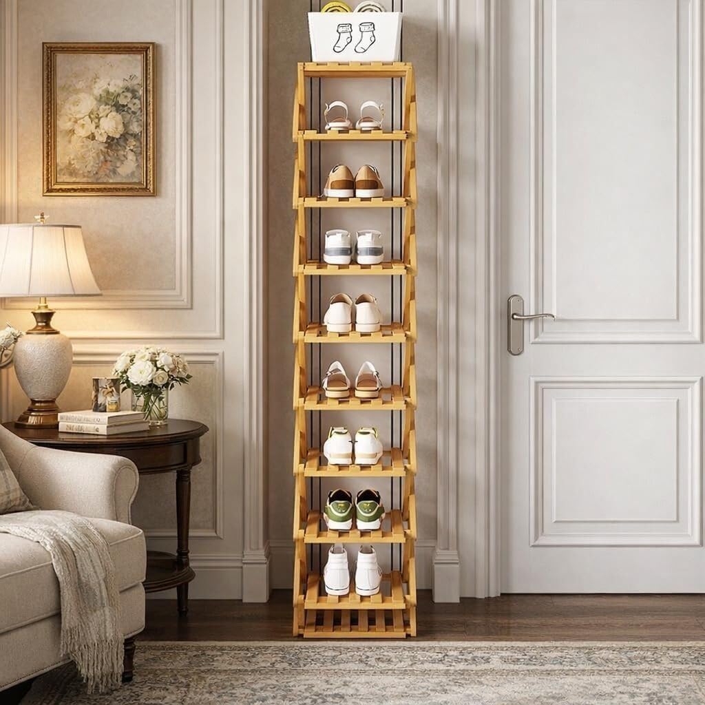 9-Tier Pre-Assembled Bamboo Storage Shelf — Foldable Bamboo Corner Shoe Rack | Space-Saving, Narrow Shoe Rack (No Assembly Required) — Ideal for Entryways, Closets, and Dorm Rooms (Brown, 9-Tier)