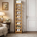 9-Tier Pre-Assembled Bamboo Storage Shelf — Foldable Bamboo Corner Shoe Rack | Space-Saving, Narrow Shoe Rack (No Assembly Required) — Ideal for Entryways, Closets, and Dorm Rooms (Brown, 9-Tier)