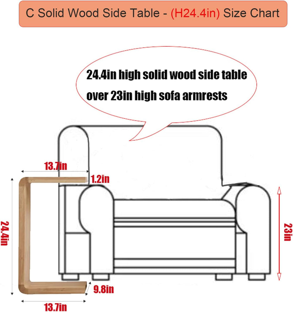 C Shaped End Table, Solid Wood Sofa Side Table for Couch, Bed, and Living Roo...