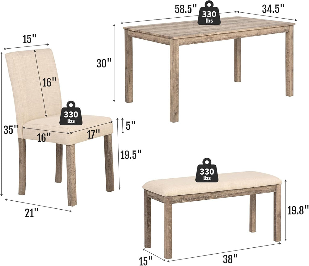 Zevemomo 6-Piece Solid Wood Dining Table Set, Including 1 Dining Table, 4 Uph...