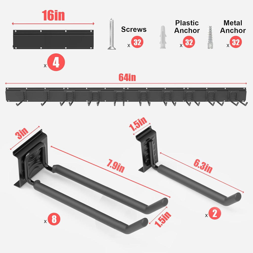 Wall-Mounted Garage Tool Organizer: 64 Inch Heavy-Duty Garden Rack & Wall Storage System - 4 Rails 10 Non-Slip Hooks for Folding Chairs, Ladders & DIY Tools