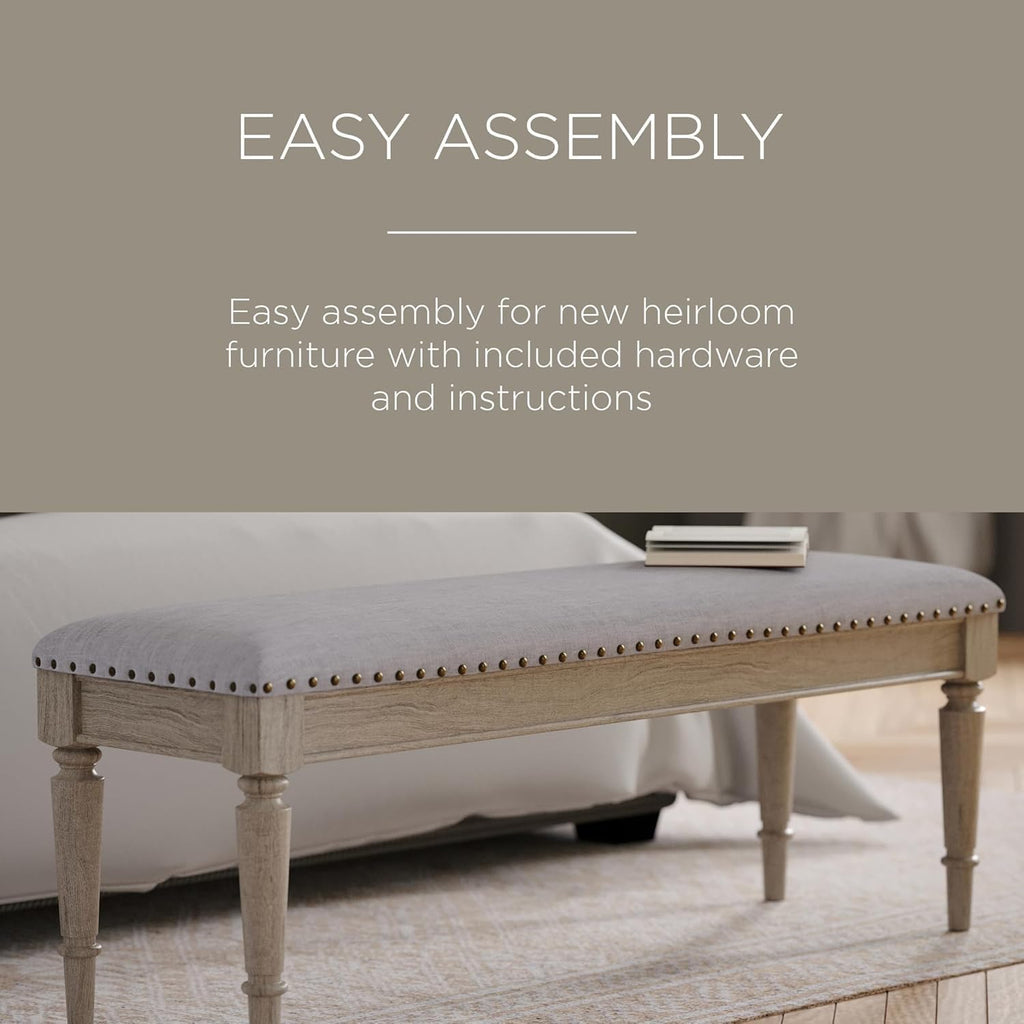 Maven Lane Elizabeth Traditional Wooden Upholstered Bench, Padded Seat for Kitchen Dining Room Table or Entryway in Antiqued Grey Finish