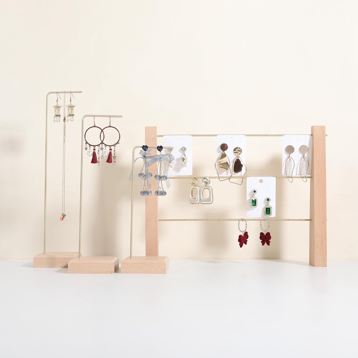 GemeShou 3 Tiers Beech Earring display stands for selling, Wooden Jewelry Shelf, Earring Storage Organizer, Brass earring holders with 42 holes for stud Dangle Hoop【Beech 3-Tier】