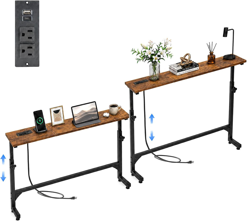 2Pack Behind Couch Table w/Charging Station Narrow Console Table | Adjustable...