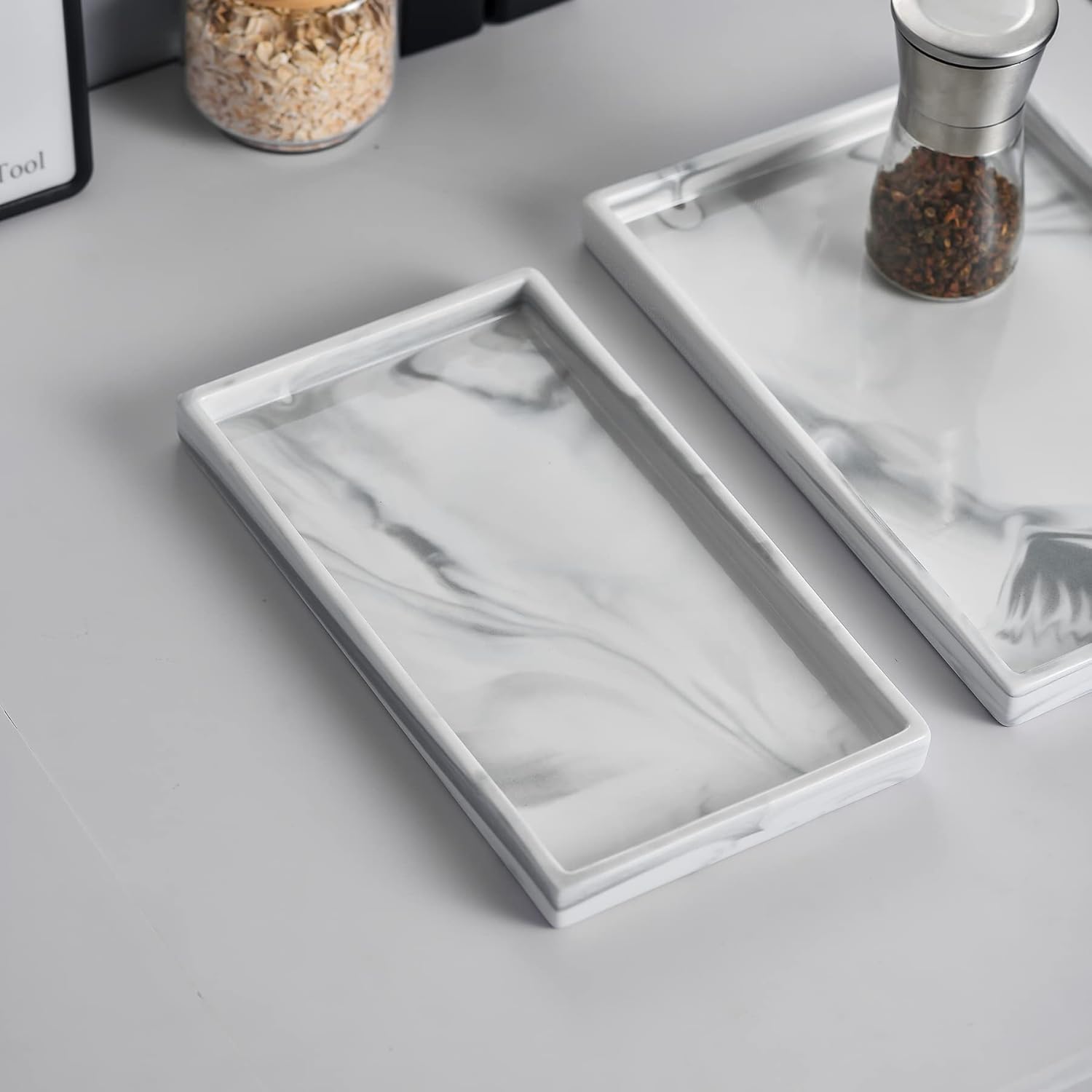 Ceramic Vanity Bathroom Tray Marble Decor Holder and Organizer for Jewelry Perfume Candle Soap Plant Towel Cosmetic Act Large Tray