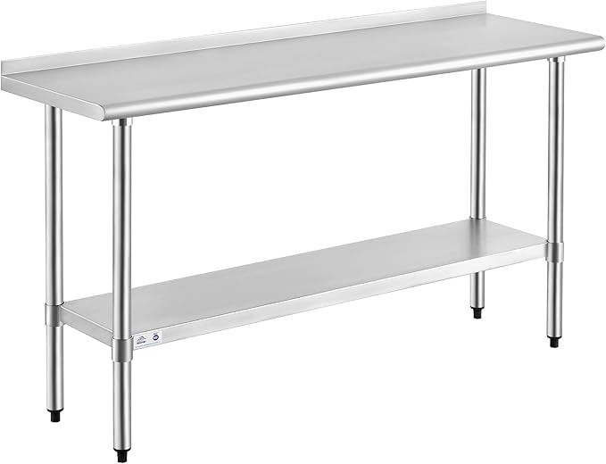 ROCKPOINT Stainless Steel Table for Prep & Work with Backsplash 18x60 Inches, NSF Metal Commercial Kitchen Heavy Duty Table with Adjustable Under Shelf and Table Foot for Restaurant, Home and Hotel
