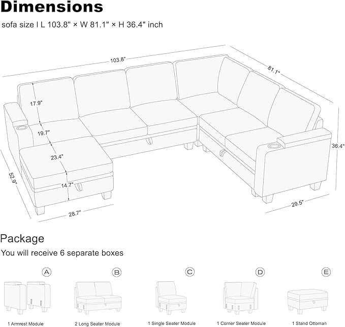 Belffin Chenille Modular Sectional Sofa Convertible L Shaped Corner Couches for Living Room with Storage Armrest with Cup Holder White Couch