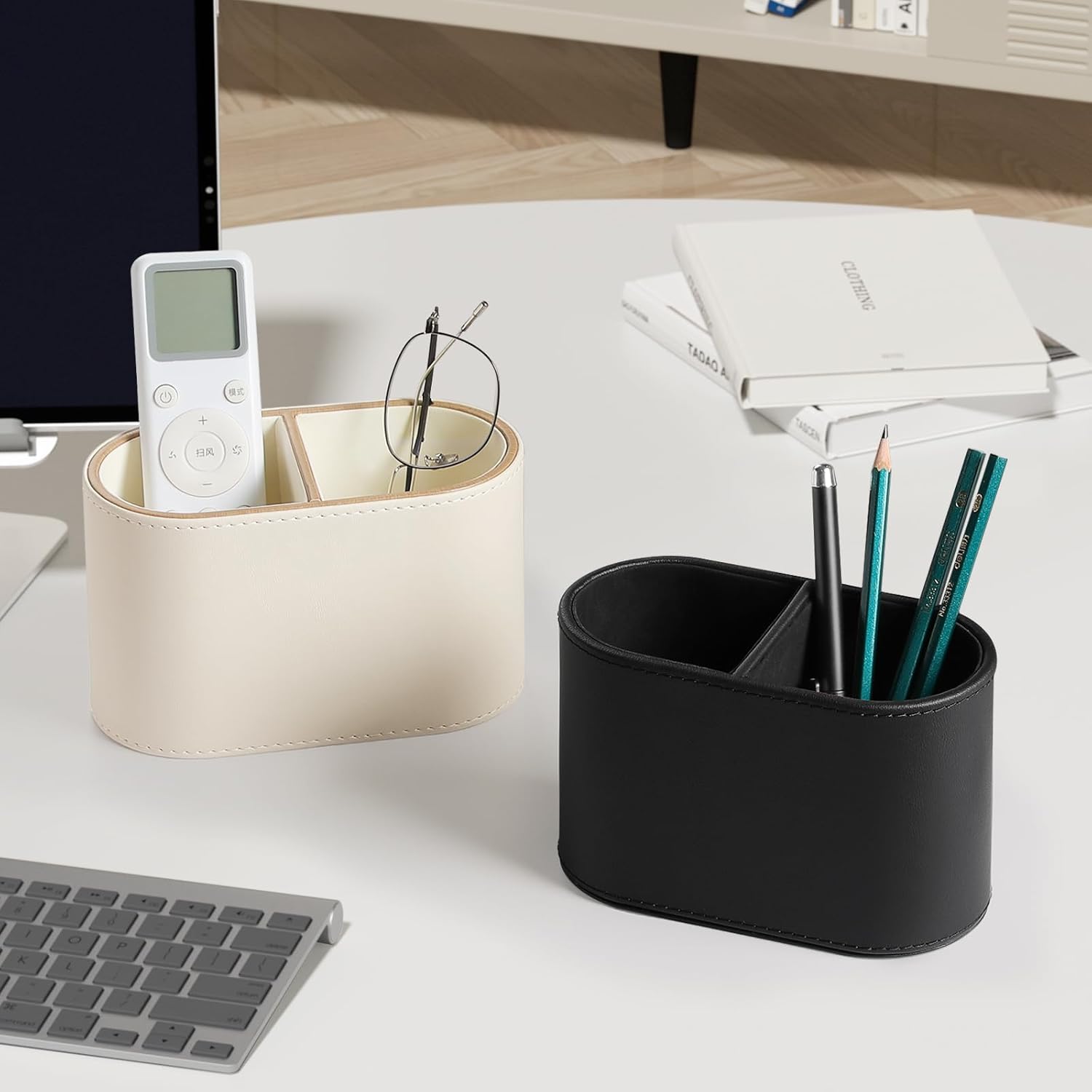 PU Leather Pen Holder for Desk, Small Remote Control Holder Pencil Cup Multifunctional Desktop Organizer Caddy for Home School Office Desk Accessories - 2 Compartments (Beige)