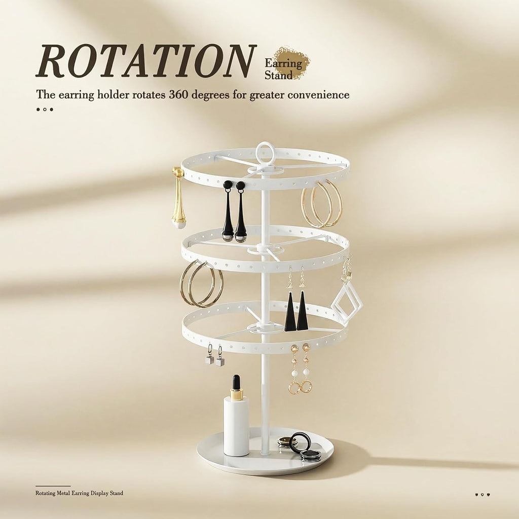 3 Tiers Metal Rotating Earring Holder Organizer Stand Adjustable Display Tree, 126 Holes Large Carousel Rack for Stud Hoop Pierced Dangling Women Girls, Perfect View for All Earrings (White)