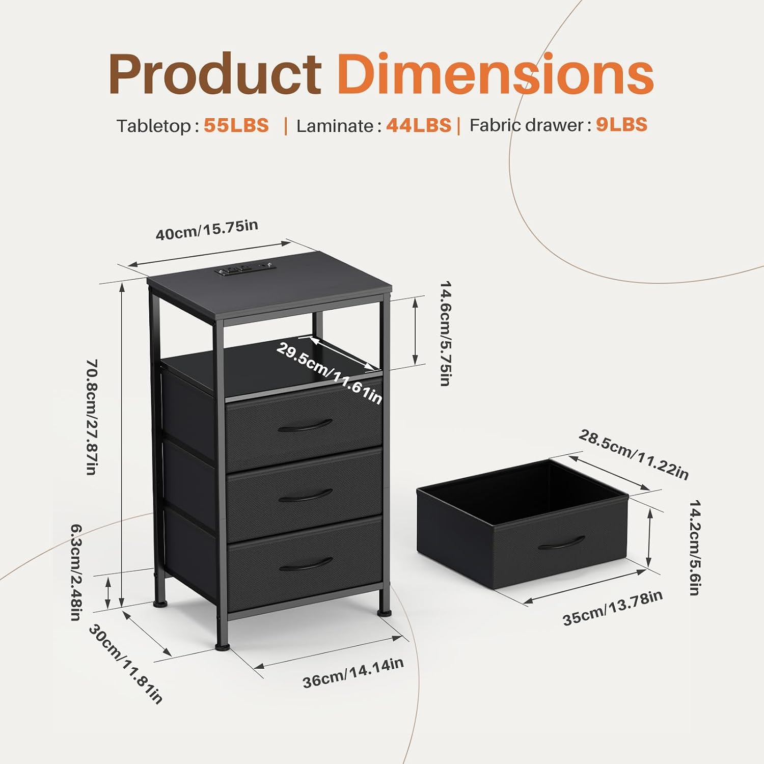 Sweetcrispy Nightstand with Charging Station 3 Fabric Drawers Bedside Table | Night Stand with USB Type-C Ports, AC Outlets & Dimmable LED Light Strip, Modern Black Bedroom End Table