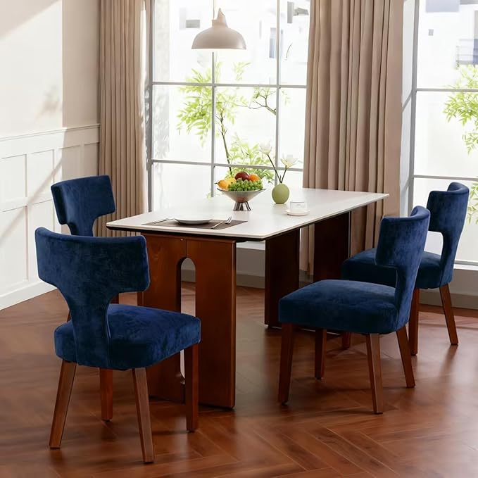 Soft Padded Dining Chairs Set of 4, Modern Farmhouse Upholstered Chairs with Linen Fabric & Rubber Wood Legs, Ergonomic Armless Seats for Dining Room Kitchen Living Room (Blue)