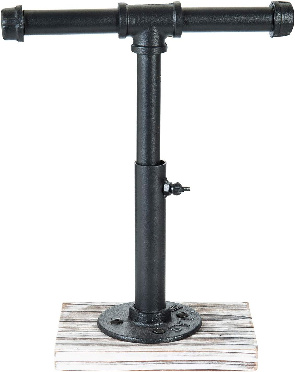 MyGift Industrial Pipe Black Metal T-Bar Adjustable Height Jewelry, Bracelet & Necklace Display Stand with Torched Wood Base