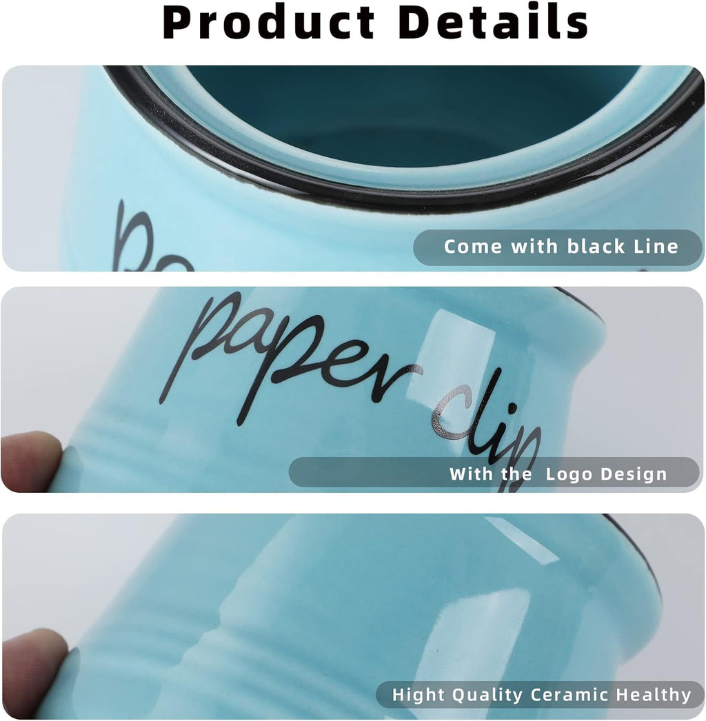 ONTUBE Farmhouse Paper Clip Holders,Ceramic Binder Clip Dispenser Organizer for Desk ,Cute Office Push Pins Holder,12 oz (Turquoise)