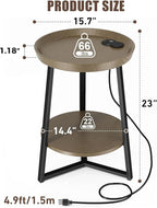 Gadroad Round End Table with Charging Station, USB Ports, Wood Tabletop & Black Metal Frame, 2-Tier Side Table for Living Room, Bedroom, Walnut Color 15.7 * 15.7 * 23.0inches