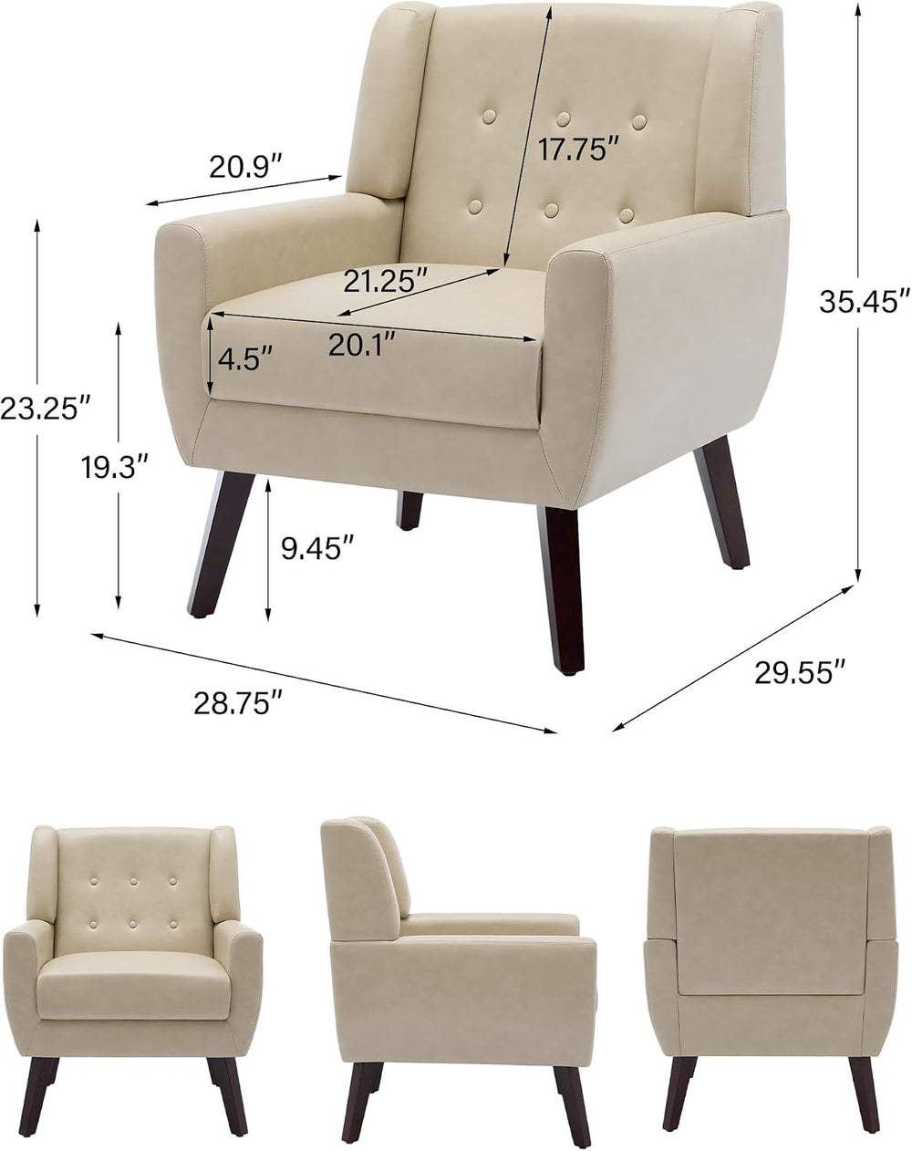 Accent Chair Set of 1, Mid-Century Modern PU Leather Chairs with Arms for Liv...