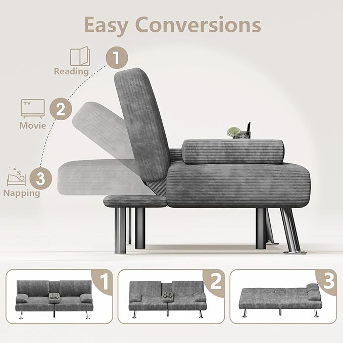 Flamaker Futon Sofa Bed Modern Folding Futon Set Convertible Recliner Lounge for Living Room with 2 Cup Holders, Removable Armrests (Corduroy, Marble Grey)