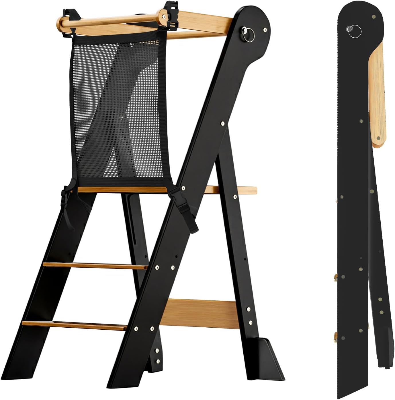 COSYLAND Montessoriana Folding Tower for Children - Montessorian Tower Children Adjustable in Height, 95% Preassembled, Space-Saving Design, Ideal for Kitchen or Bathroom (Black and Natural)