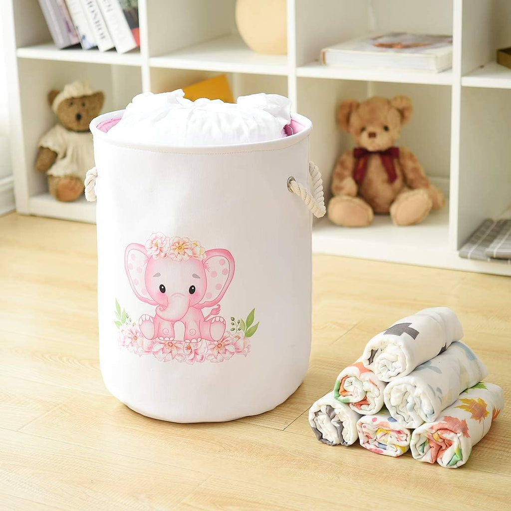 Laundry Baskets Kids Laundry Hamper, Pink Baby Hamper Elephant Basket Large Collapsible Kids Hamper with Handles Waterproof Round Linen Storage Basket for Toddler/Girls (Pink Elephant)