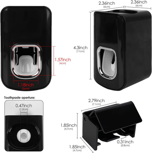 2 Slots Wall Mount Toothbrush Holder with Cover, Self Adhesive Toothbrush Storage Organizer for Shower, Toothbrush Hanger with Automatic Toothpaste Squeezer Dispenser(Black)