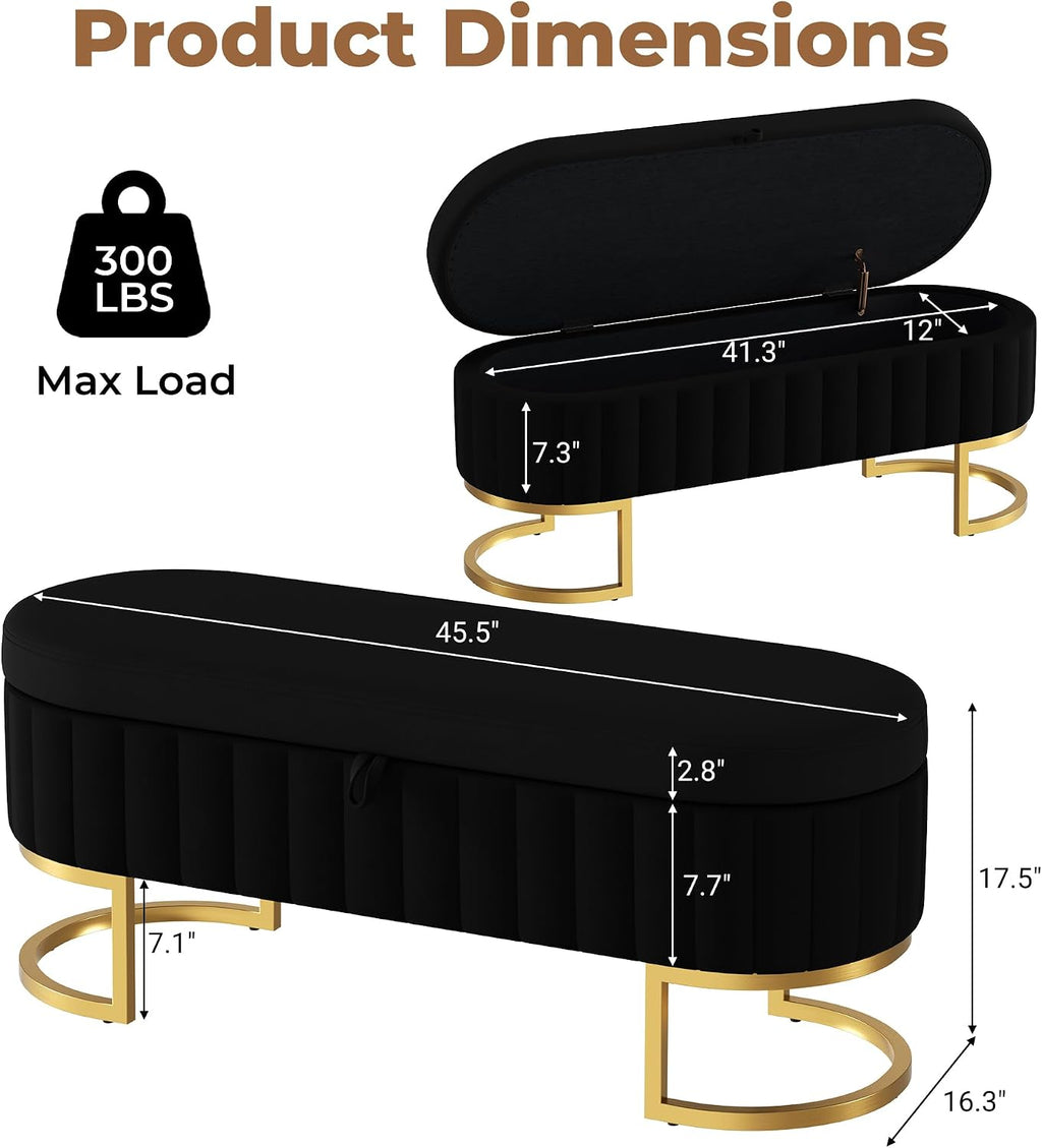 Storage Ottoman Bench, 45" Velvet End of Bed Bench Bedroom Bench with Golden Metal Legs, Upholstered Storage Bench for Bedroom Living Room Entryway and Window, Black