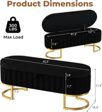Storage Ottoman Bench, 45" Velvet End of Bed Bench Bedroom Bench with Golden Metal Legs, Upholstered Storage Bench for Bedroom Living Room Entryway and Window, Black