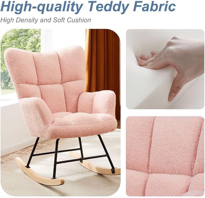 Nursery Rocking Chair, Boho Accent Ottoman, Teddy Upholstered Glider Rocker with High Backrest, Recliner Function and Foot Rest for Living Room, Small Spaces, Bedroom, Pink