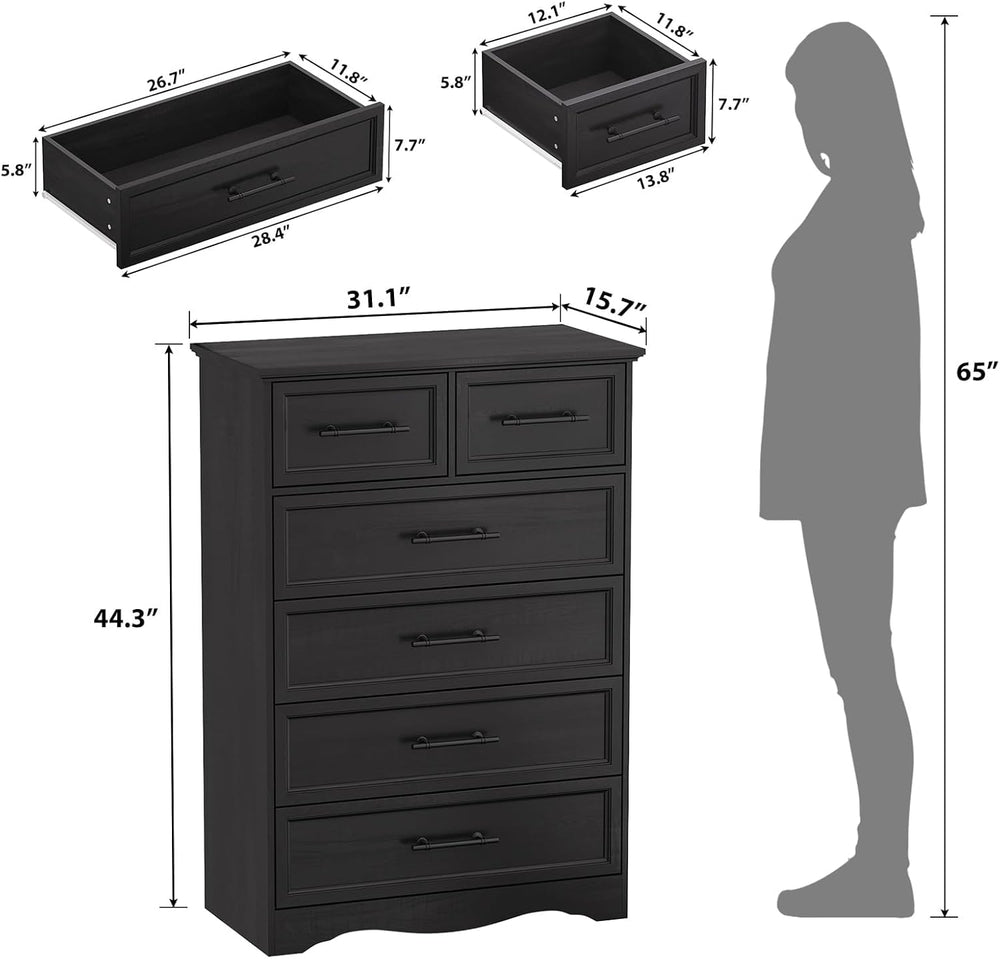 YANSNWO Black 6 Drawer Dresser for Bedroom, 44" Tall Chest of Drawers