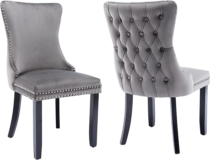 Modern Dining Chairs Set of 2, Upholstered Dining Chair with Full Back and Button Tufting, Grey Velvet Accent Chair, Sillas de Comedor, Comfy Kitchen Chairs (Gray, Velvet, 2Pcs)