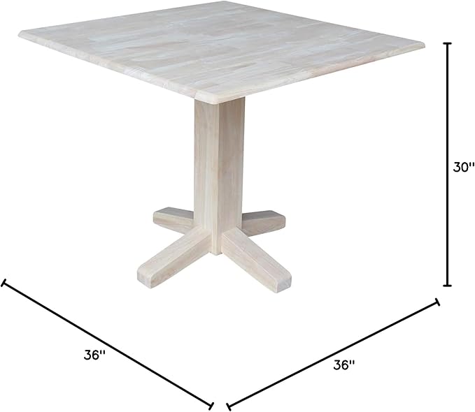 IC International Concepts 36" Square Dual Drop Leaf Dining Table Solid Real Wood, Sturdy Parawood, 36"W x 36"D x 30"H, Unfinished