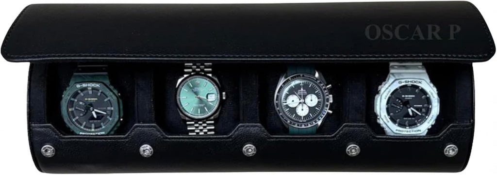 DailyWatch | Personalized Watch Roll Travel Case For 4 Watches - Handmade Genuine Leather Travel Case With Custom Engraving of Name or Initials - All Black