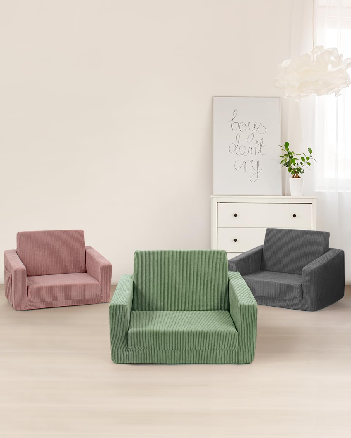 2-in-1 Kids Chair and Couch, Cozy Corduroy Kids Sofa, Green | Fold-Out Kids Couch, Boys and Girls, Bedroom & Playroom, Reading and Playing, Lightweight, Removable Washable Cover
