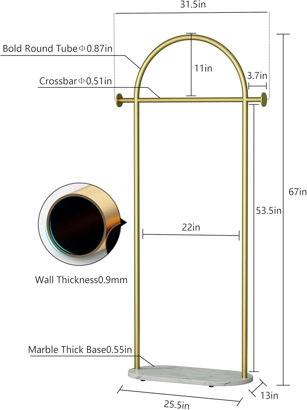 HKaikzo Gold Clothing Rack with Real Marble Base – 67" Freestanding Garment Display Stand, Holds 150+ lbs, Modern Metal Coat Rack for Boutique Store, Entryway, Bedroom & Small Spaces