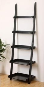 Modern 5 Tier Leaning Wall Ladder Bookshelf, Black, 70 Inches | Storage Rack, Organizer