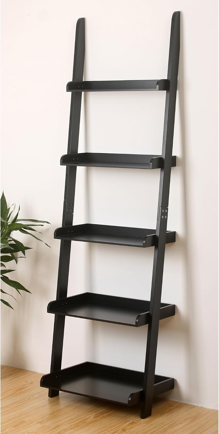 Modern 5 Tier Leaning Wall Ladder Bookshelf, Black, 70 Inches | Storage Rack, Organizer