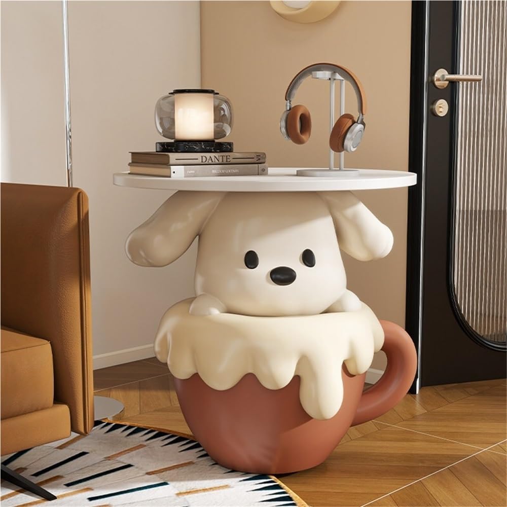 Modern Cute Puppy Side Table with Tray, Resin Dog Sculpture Accent End Table,...