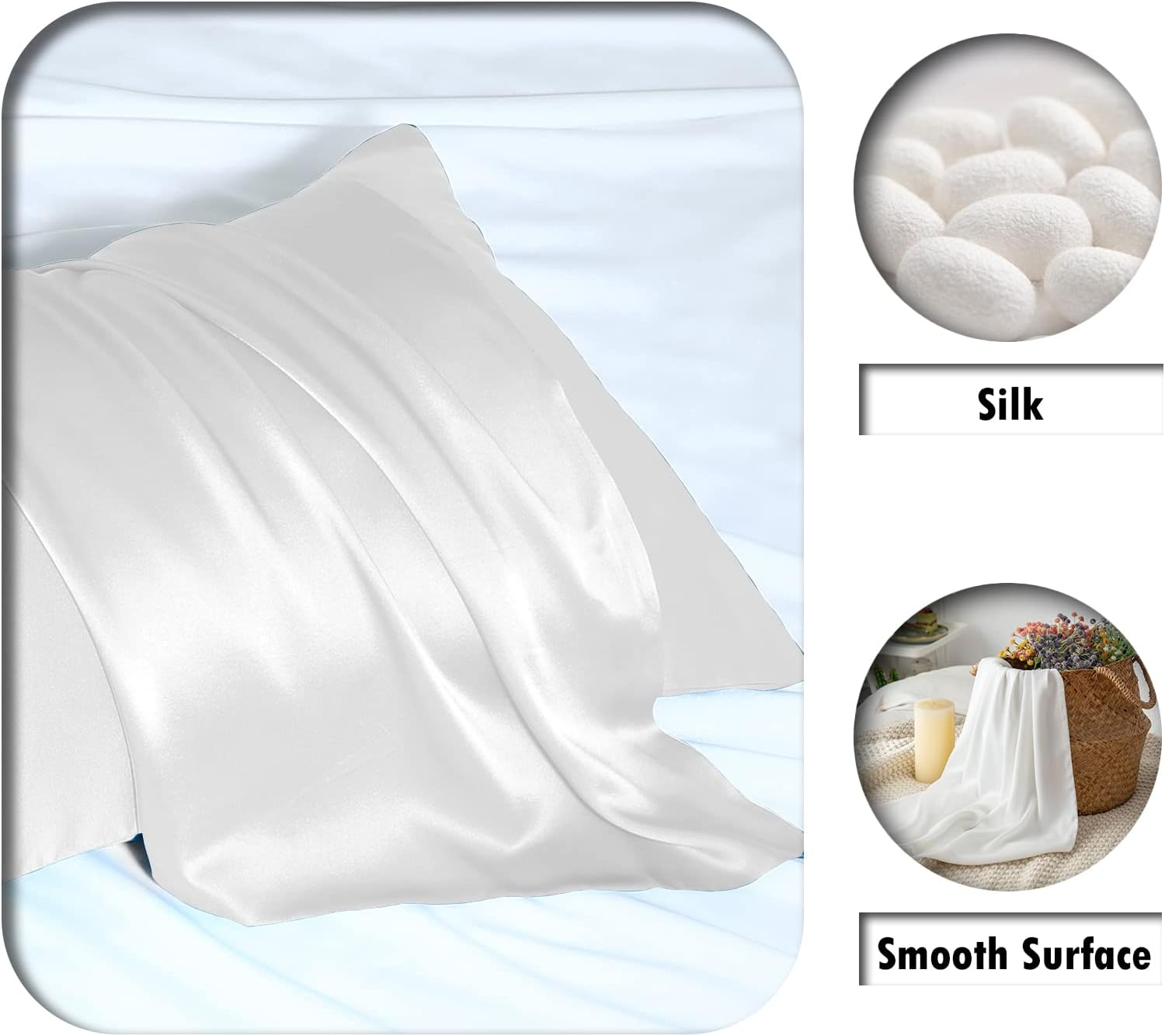 Natural Mulberry Silk Pillowcase for Hair and Skin Queen Size 20"X30" Silk Pillow Case with Hidden Zipper Soft Breathable Smooth Cooling Silk Pillow Covers for Sleeping(White,Queen,1Pcs)