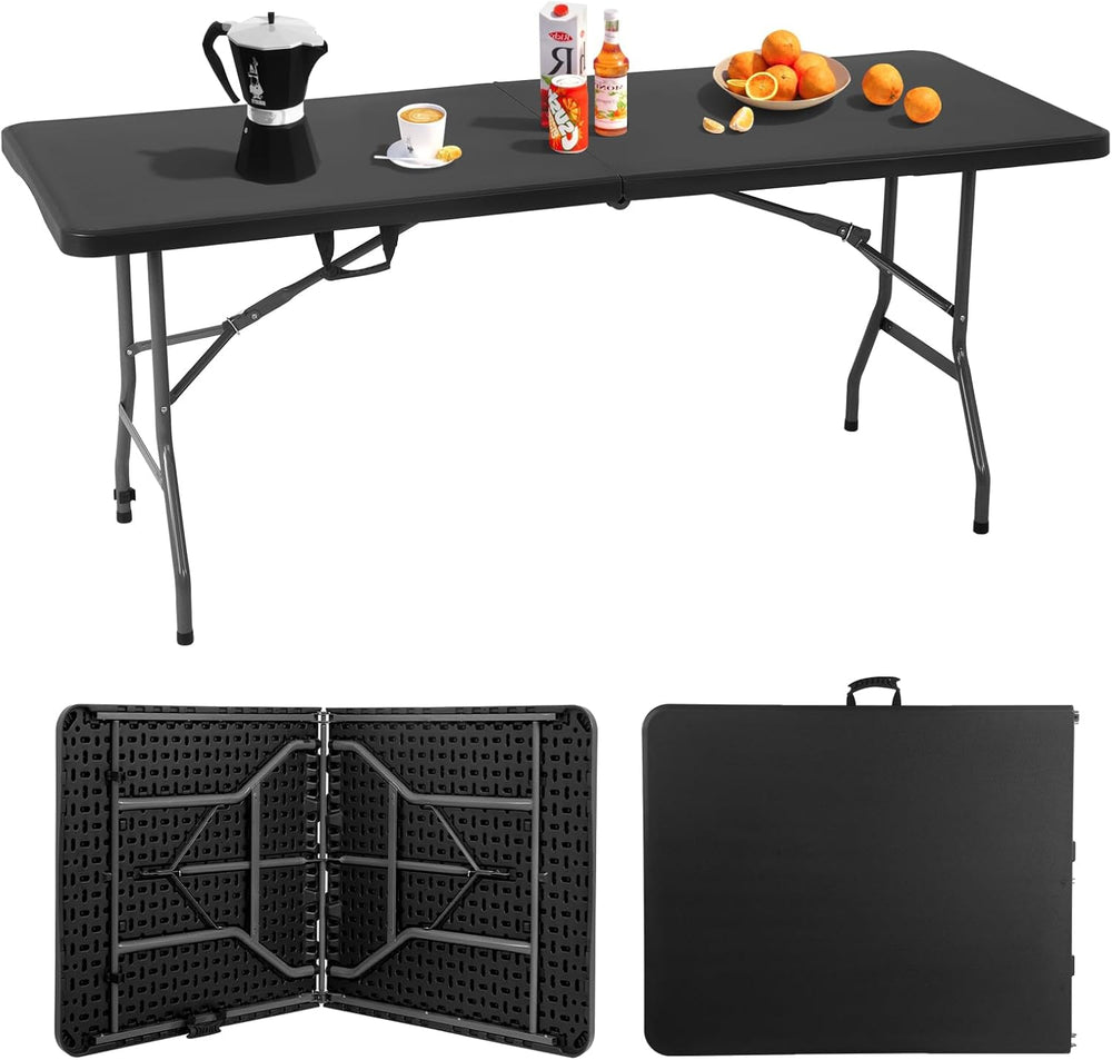 6FT Folding Table, Heavy Duty Plastic Table Portable Fold-in-Half Utility Tab...