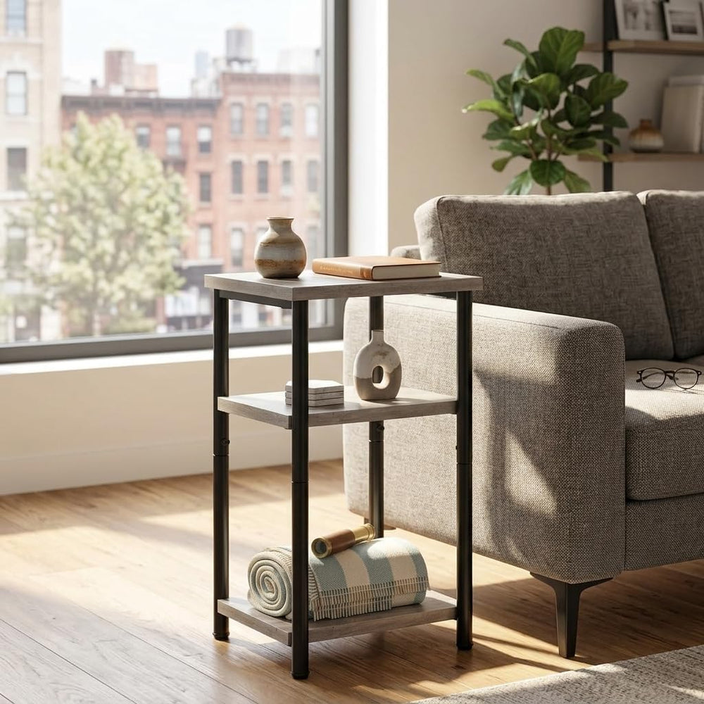 3 Tier End Table for Small Space, Modern Oak Grey Side Table with Metal Frame...