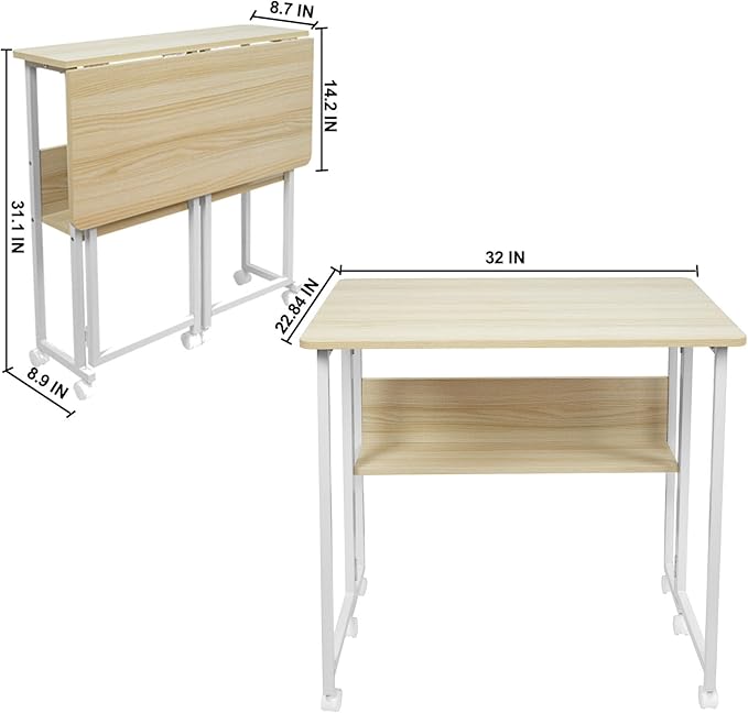 32'' Small Folding Table, Foldable Table with w/Rollers and Fixed Feets,Steel Frame and MDF Top,Couch Table for Small Space, Easy Assembly, Natural and White