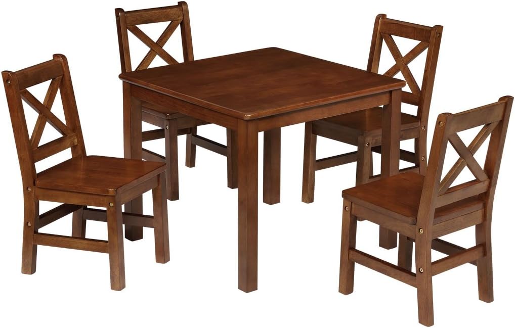 Solid Hard Wood Kids Table and Chair Set, Coffee, 5 Piece | 4 Chairs Included, Rubberwood