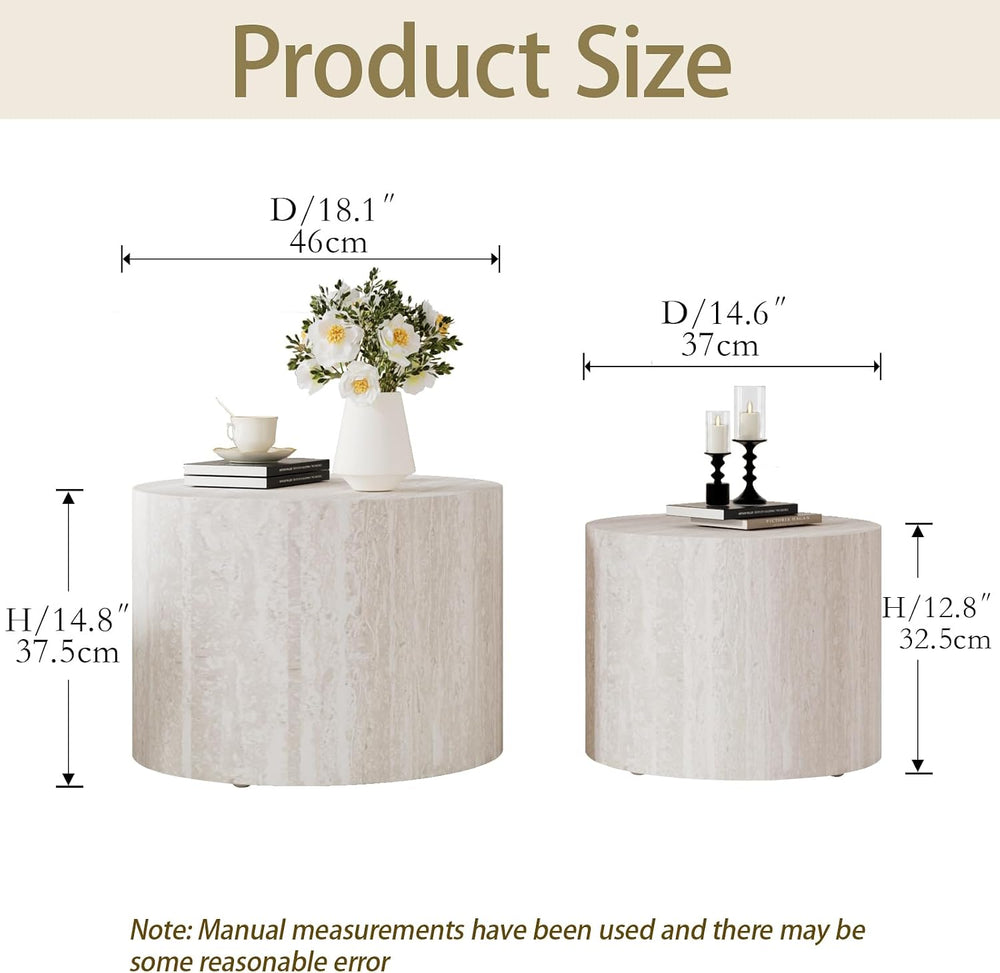 Modern Nesting Coffee Table Set of 2, Round Travertine End Side Tables | Cont...